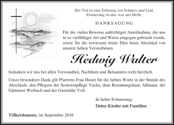 Traueranzeige von Hedwig Walter von Südthüringer Presse