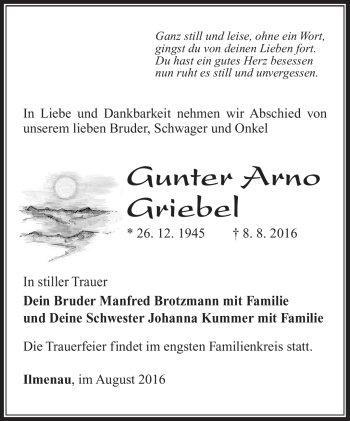 Traueranzeige von Gunter Arno Griebel von Südthüringer Presse