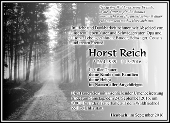Traueranzeige von Horst Reich von Südthüringer Presse