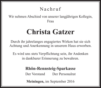 Traueranzeige von Christa Gatzer von Südthüringer Presse