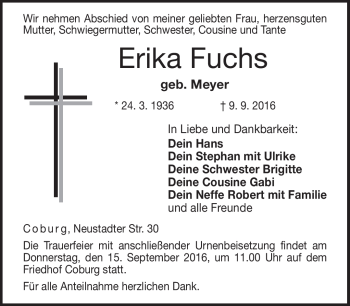 Traueranzeige von Erika Fuchs von Neue Presse Coburg