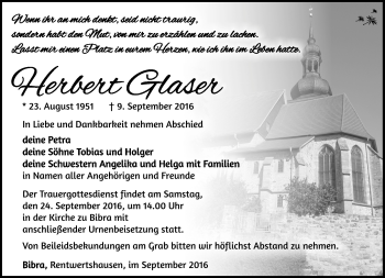 Traueranzeige von Herbert Glaser von Südthüringer Presse