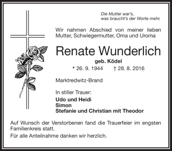 Traueranzeige von Renate Wunderlich von Frankenpost