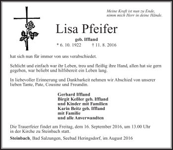 Traueranzeige von Lisa Pfeifer von Südthüringer Presse