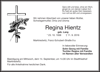 Traueranzeige von Regina Hientz von Frankenpost