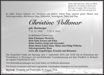 Traueranzeige von Christine Volkmar von Südthüringer Presse