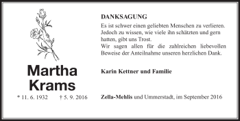 Traueranzeige von Martha Krams von Südthüringer Presse