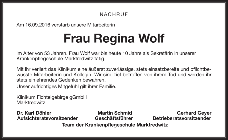  Traueranzeige für Regina Wolf vom 21.09.2016 aus Frankenpost