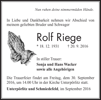 Traueranzeige von Rolf Riege von Südthüringer Presse