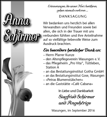 Traueranzeige von Anna Schirmer von Südthüringer Presse