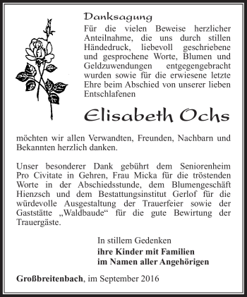Traueranzeige von Elisabeth Ochs von Südthüringer Presse