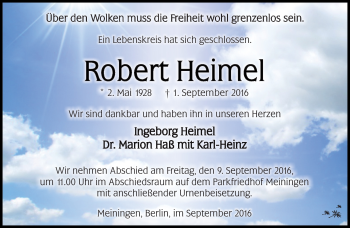 Traueranzeige von Robert Heimel von Südthüringer Presse