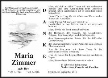 Traueranzeige von Maria Zimmer von Südthüringer Presse