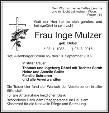 Traueranzeige von Inge Mulzer von Frankenpost