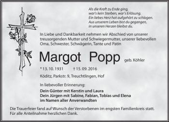 Traueranzeige von Margot Popp von Frankenpost