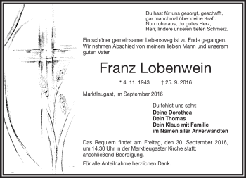 Traueranzeige von Franz Lobenwein von Frankenpost