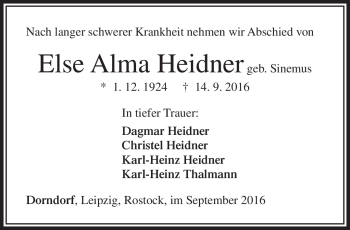 Traueranzeige von Christel Heidner von Südthüringer Presse