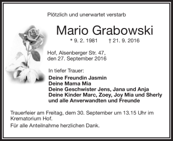 Traueranzeige von Mario Grabowski von Frankenpost