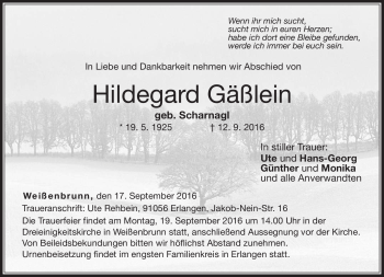 Traueranzeige von Hildegard Gäßlein von Neue Presse Coburg