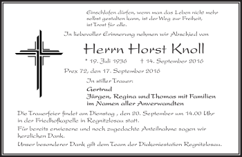 Traueranzeige von Knoll Horst von Frankenpost