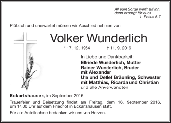 Traueranzeige von Volker Wunderlich von Neue Presse Coburg