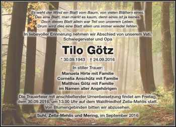Traueranzeige von Tilo Götz von Südthüringer Presse
