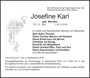 Traueranzeige von Josefine Karl von Neue Presse Coburg