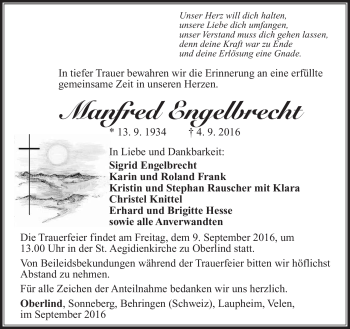 Traueranzeige von Manfred Engelbrecht von Südthüringer Presse
