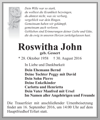 Traueranzeige von Roswitha John von Südthüringer Presse