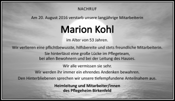 Traueranzeige von Marion Kohl von Südthüringer Presse