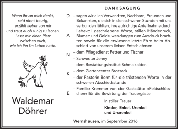 Traueranzeige von Waldemar Döhrer von Südthüringer Presse
