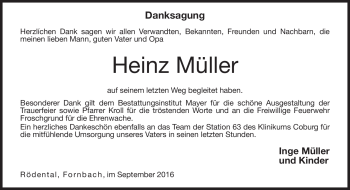 Traueranzeige von Heinz Müller von Neue Presse Coburg