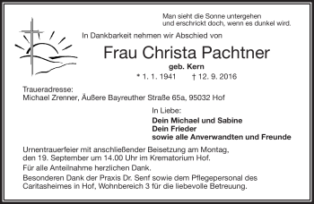 Traueranzeige von Christa Pachtner von Frankenpost
