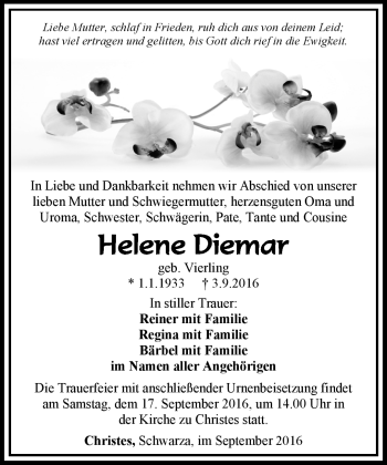 Traueranzeige von Helene Diemar von Südthüringer Presse