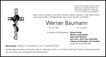 Traueranzeige von Werner Baumann von Neue Presse Coburg