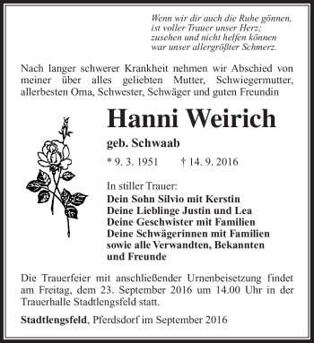 Traueranzeige von Hanni Weirich von Südthüringer Presse