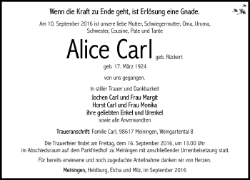 Traueranzeige von Alice Carl von Südthüringer Presse