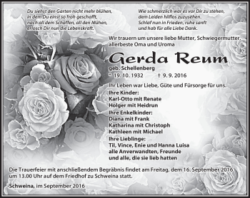 Traueranzeige von gerda Reum von Südthüringer Presse