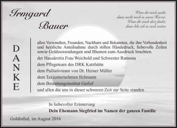 Traueranzeige von Irmgard Bauer von Südthüringer Presse