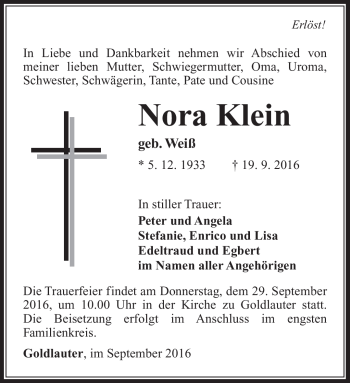 Traueranzeige von Nora Klein von Südthüringer Presse