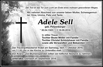 Traueranzeige von Adele Sell von Südthüringer Presse