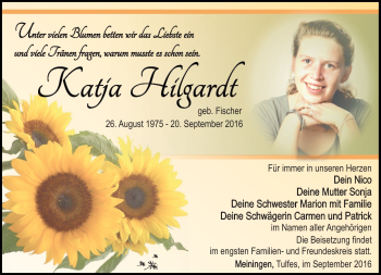 Traueranzeige von Katja Hilgardt von Südthüringer Presse