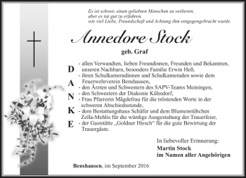Traueranzeige von Annedore Stock von Südthüringer Presse