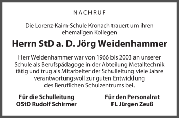 Traueranzeige von Jörg Weidenhammer von Neue Presse Coburg