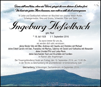Traueranzeige von Ingeburg Heßelbach von Südthüringer Presse