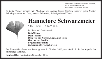 Traueranzeige von Hannelore Schwarzmeier von Südthüringer Presse