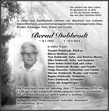 Traueranzeige von Bernd Dobbrodt von Südthüringer Presse