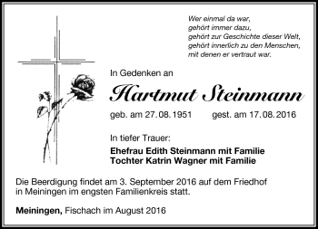 Traueranzeige von Hartmut Steinmann von Südthüringer Presse