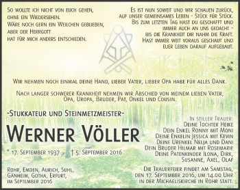 Traueranzeige von Werner Völler von Südthüringer Presse