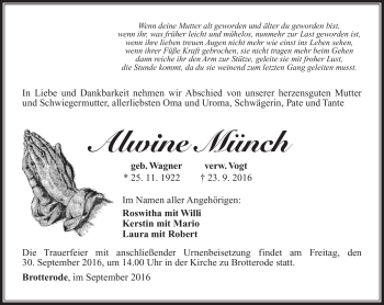 Traueranzeige von Alwine Münch von Südthüringer Presse